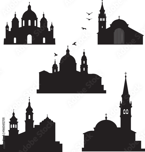 Set of Black Silhouettes of Churches and Religious Buildings with Spires and Domes cathedral architecture