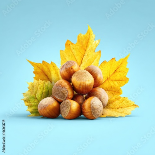 Hazelnuts nestled amongst vibrant autumn leaves against a light blue backdrop.