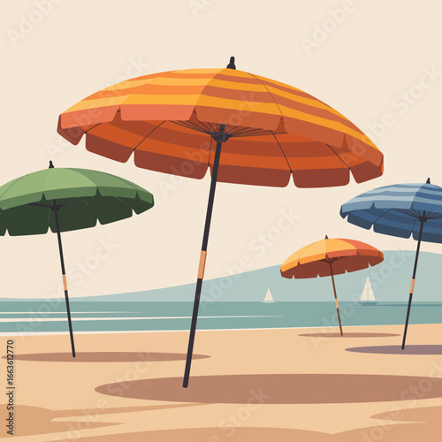 This illustration features colorful beach umbrellas swaying softly in the gentle breeze, set against a tranquil ocean backdrop ideal for summer relaxation vibes.