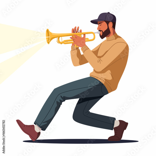 A dynamic illustration of a musician energetically playing the trumpet, highlighting the joy of music and performance, capturing the spirit of creativity and artistic expression.