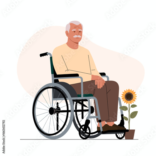 This image features a cheerful elderly man in a wheelchair, thoughtfully sitting beside a vibrant sunflower plant, symbolizing resilience and hope in life.