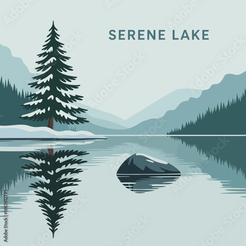 A peaceful lake scene featuring tall pine trees, serene water, and distant mountains, inviting tranquility and a connection to nature in an illustrated landscape.
