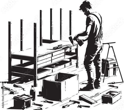 Sumi-e illustration of a man assembling furniture at home with p