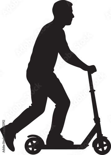 Black silhouette of a man riding a kick scooter on a white background vector