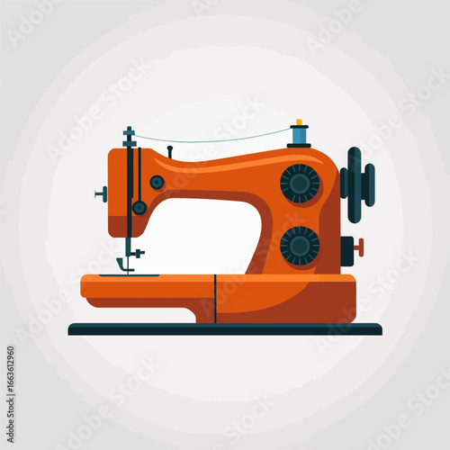 This image features a vibrant orange sewing machine showcasing its classic retro design, highlighting its functional elements and artistic appeal for fabric enthusiasts.