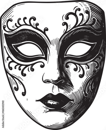Elegant Venetian mask illustration with intricate swirling desig
