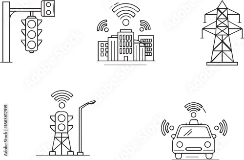 Smart City Technology Icons Featuring Traffic Lights, Power Lines, and Vehicles connectivity network