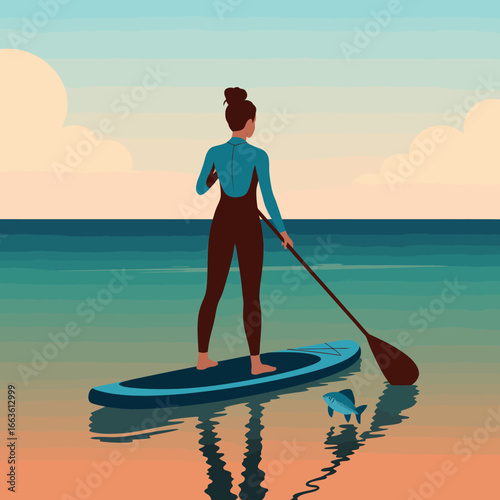 A serene illustration of a paddleboarder gliding across calm waters with an expansive ocean landscape at sunset, reflecting nature's beauty and tranquility.
