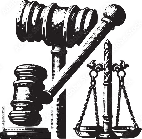 Illustration of Law and Justice Concept with Gavel and Scales Symbolizing Court and Legal System