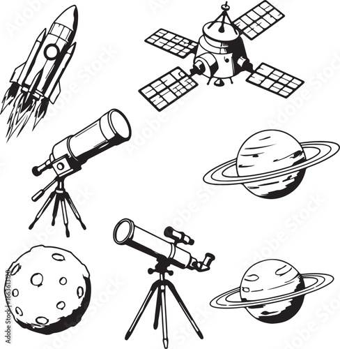 Space exploration and astronomy icons with rockets planets moon and telescopes satellite saturn