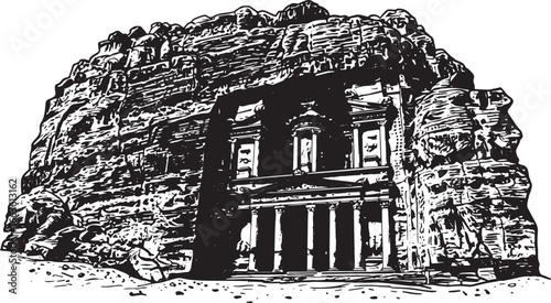 Monochrome artistic rendering of Petra's Treasury in detailed wo