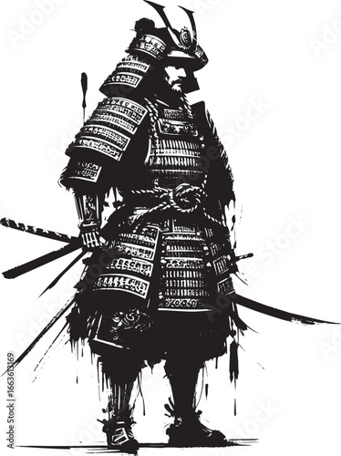 Monochrome Sumi-e Illustration: Traditional Japanese Warrior in