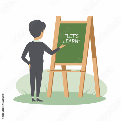 This illustration showcases a person gesturing towards a chalkboard with the phrase 'LET'S LEARN,' emphasizing the importance of education, growth, and inspiration in our lives.