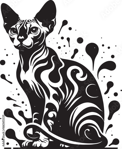 Black and white illustration of a sphynx cat with artistic tribal tattoo style design
