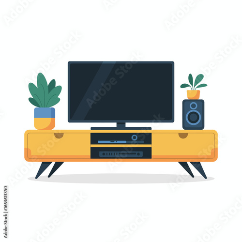 A stylish TV stand featuring a television, audio equipment, and potted plants, reflecting modern interior design trends focused on comfort and entertainment.