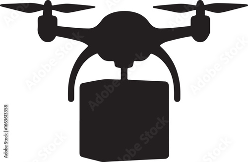 Black silhouette of a quadcopter drone carrying a square package delivery cargo