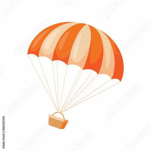A bright orange and beige parachute, complete with a basket, captures the essence of adventure and excitement, ready for an exhilarating descent from the sky.