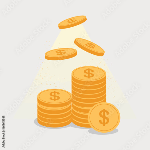 A visually striking arrangement of stacked gold coins with falling coins, representing prosperity, savings, and financial success in a clean, modern design.