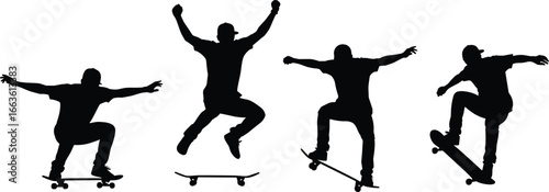 Silhouettes of Skateboarders Performing Tricks – Jumping, Ollie, and Action Poses for Urban Sports, Youth Culture, and Street Style Designs