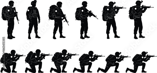 Soldier Silhouette Vector Set – Tactical Army Combat Poses, Standing and Kneeling with Rifles, Military Clipart for Design UseSoldier Silhouette Vector Set – Tactical Army Combat Poses