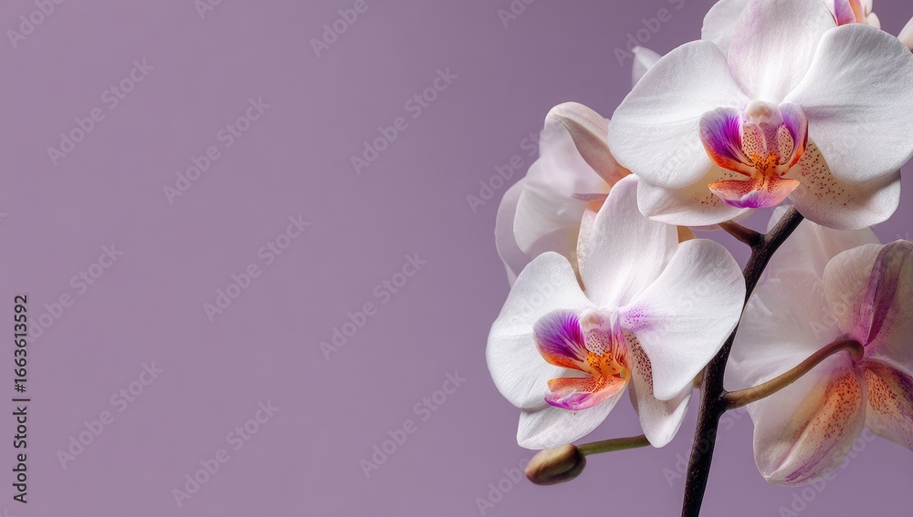 Fototapeta premium Close-up of delicate white orchids with hints of pink and orange, against a soft lavender background