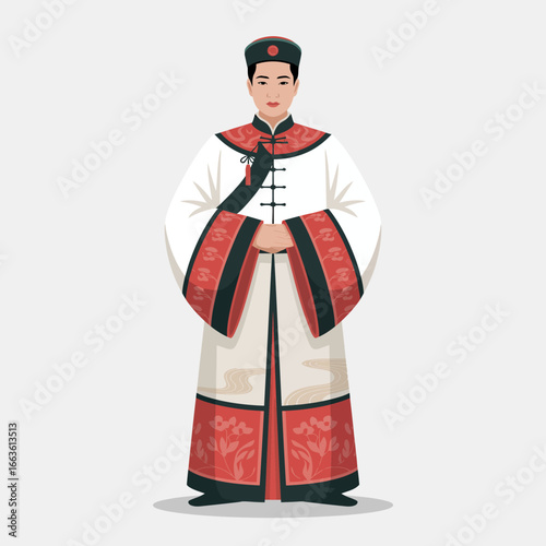 A man in a traditional Chinese robe embodies cultural heritage, showcasing exquisite details and symbols of artistry, reflecting the rich history and elegance of Asian fashion.
