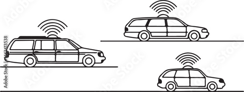Three Outline Station Wagons with Wireless Signals on White Background automobile vehicle
