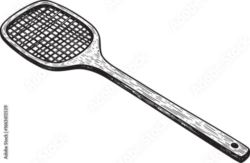Detailed woodcut illustration of a fly swatter for pest control