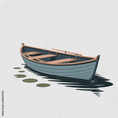 An enticing illustration of a wooden boat gently resting on placid waters, symbolizing tranquility and reflection, encapsulating moments of peace amidst nature's embrace.