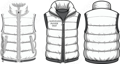 CAD drawing flat vector illustration of sleeveless puffer vest, front side and back views, quilted outerwear, technical fashion sketch, clothing layout, winter garment design