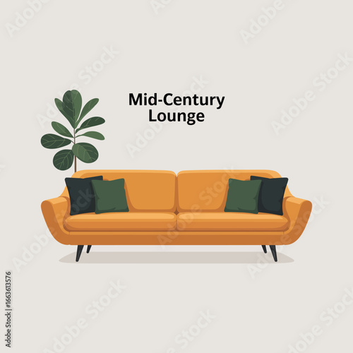 A vibrant mid-century modern lounge couch featuring a bright orange color, complemented by dark green and black cushions, perfect for a stylish interior setting.