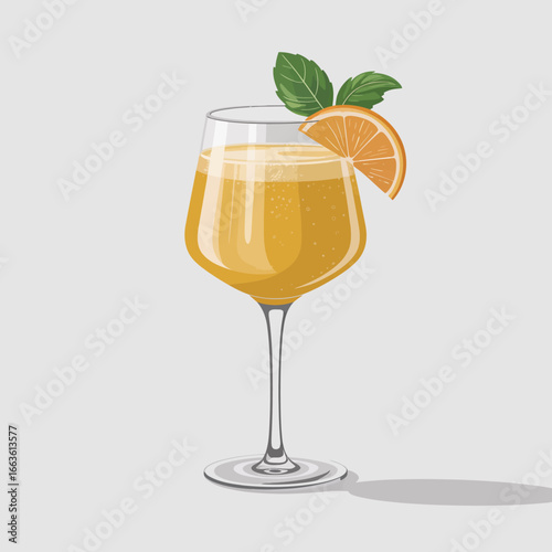 This vibrant image features a sparkling orange juice cocktail garnished with a mint leaf and orange slice, perfect for refreshing drinks and summer vibes.