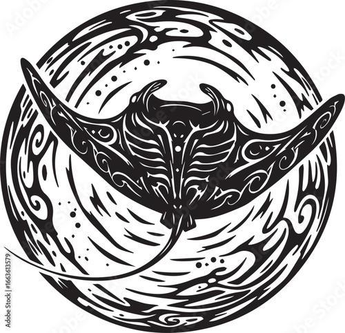 Tribal Manta Ray Illustration with Swirling Decorative Elements in a Circle stingray fish