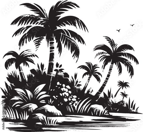 Sumi-e depiction of a tropical forest scene with palm trees and