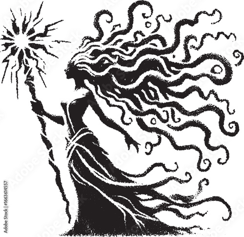 A Silhouetted Image of a Mystical Figure Holding a Glowing Staff Depicting a Magical Scene
