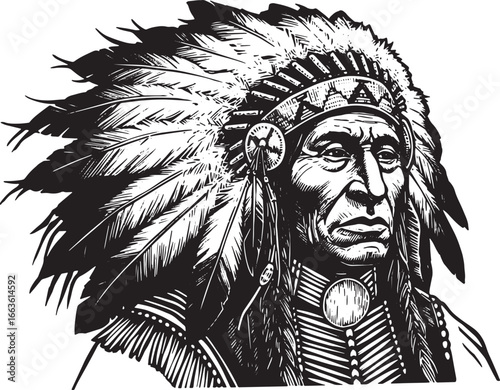 Striking Woodcut Illustration of Native American Chief with Feat