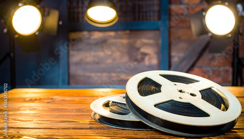 Vintage film reels and spotlights on a wooden table create a cinematic atmosphere