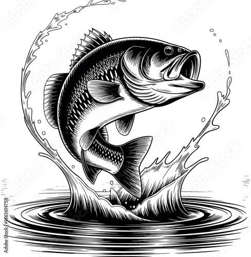 Leaping Largemouth Bass Illustration in Black and White Detailed Fish Out of Water Jumping Catching Design