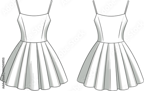 CAD drawing flat vector illustration of sleeveless summer dress, flared skirt, front and back views, button-down detail, stylish design template, fashion garment layout, clothing sketch