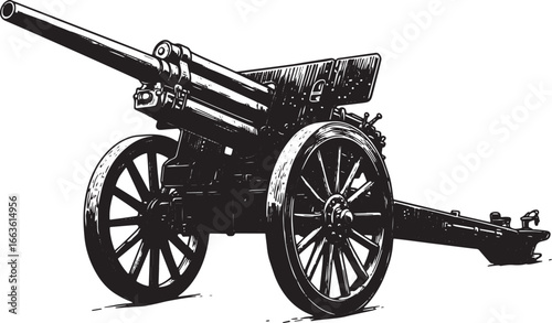 Artillery cannon illustration in woodcut style, vintage military