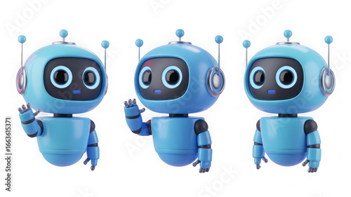 3d cute ai robot character in different angles. Chat bot mascot isolated render icon set. Digital artificial intelligence chatbot, friendly support assistant. Electric cyborg agent
