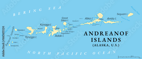 Andreanof Islands, Alaska, United States, political map. Group of islands in the Aleutian Islands, between Amchitka Pass and Amukta Pass, with Adak on Adak Island, the westernmost city of the USA.