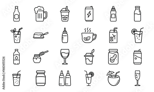 Collection of black and white drink and beverage icons, soda, beer, bubble tea, juice, coffee, tea, wine, cocktails, smoothies, honey jar, pickle jar, milk carton, energy drink, condiment bottles, and