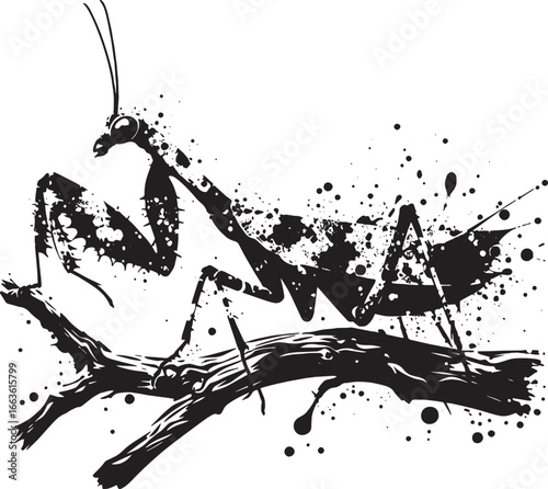 Artistic Silhouette of a Praying Mantis Perched on a Branch, Ink Splatter Effect