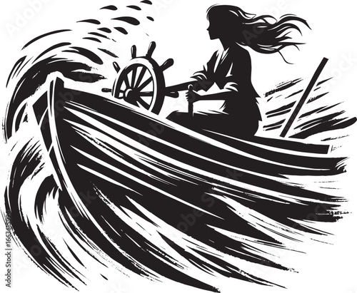 Woman navigates turbulent seas in a small vessel, stylized brush