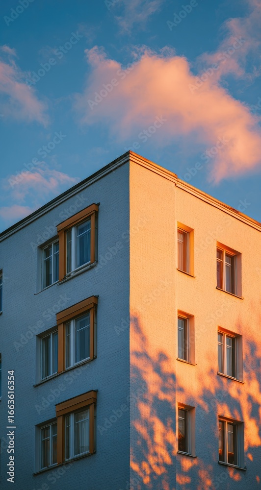 Fototapeta premium Sunset casts warm shadows on a modern apartment building
