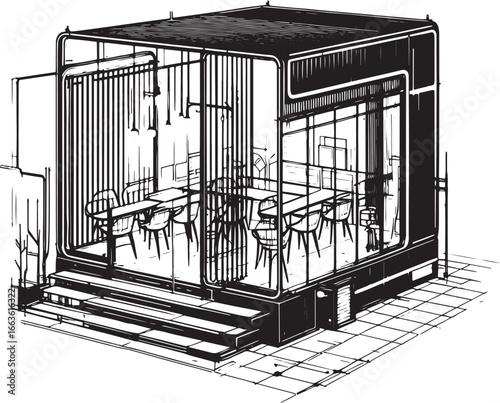 Architectural illustration of a modern cafe interior with tables and chairs in black and white