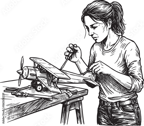 Crafting dreams in monochrome: A woman meticulously assembles a