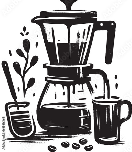 Elegant Sumi-e Cold Brew Maker Illustration with Coffee Beans an