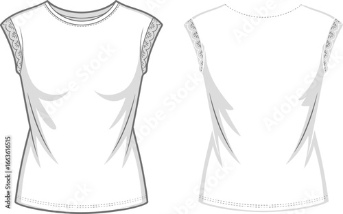 CAD drawing flat vector illustration of sleeveless top, floral puff sleeves, tie neckline, stylish fashion garment layout, front back views CAD 